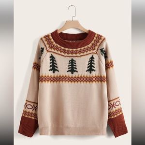 SHEIN plus Tree & Geo pattern Raglan sleeve sweater 2XL